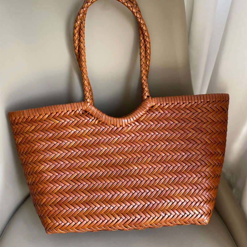 Dragon Handmade Cowhide Woven Women's Summer French Style Niche Vegetable Basket Bag, Leather Handbag, Single Shoulder Tote Bag
