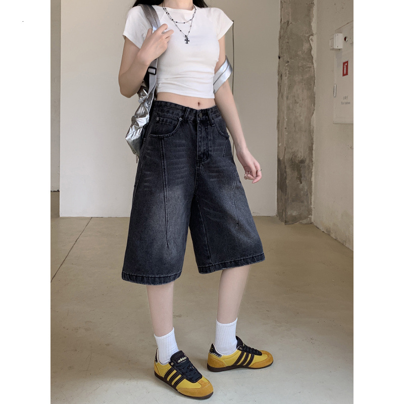 Black gray high waisted wide leg denim six quarter pants for women 241008