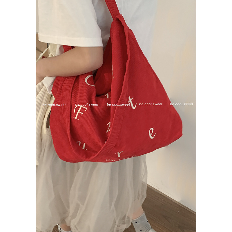 Korean version embroidered letter corduroy large bag for girls 2024 New tote bag for Students to attend classes Large-capacity crossbody bag