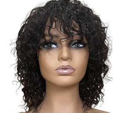 womens Wig black short curly hair with bangs small curly hair synthetic fiber full head cover