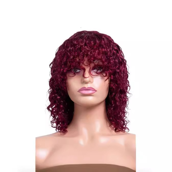 womens Wig black short curly hair with bangs small curly hair synthetic fiber full head cover