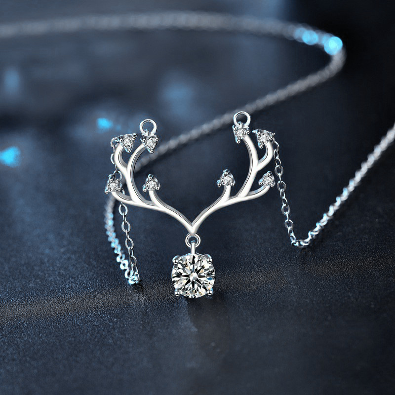 925 Sterling Silver Antler Pendant Necklace with Moissanite, Unique Christmas Gift for Women, Delicate Collarbone Chain Jewelry
