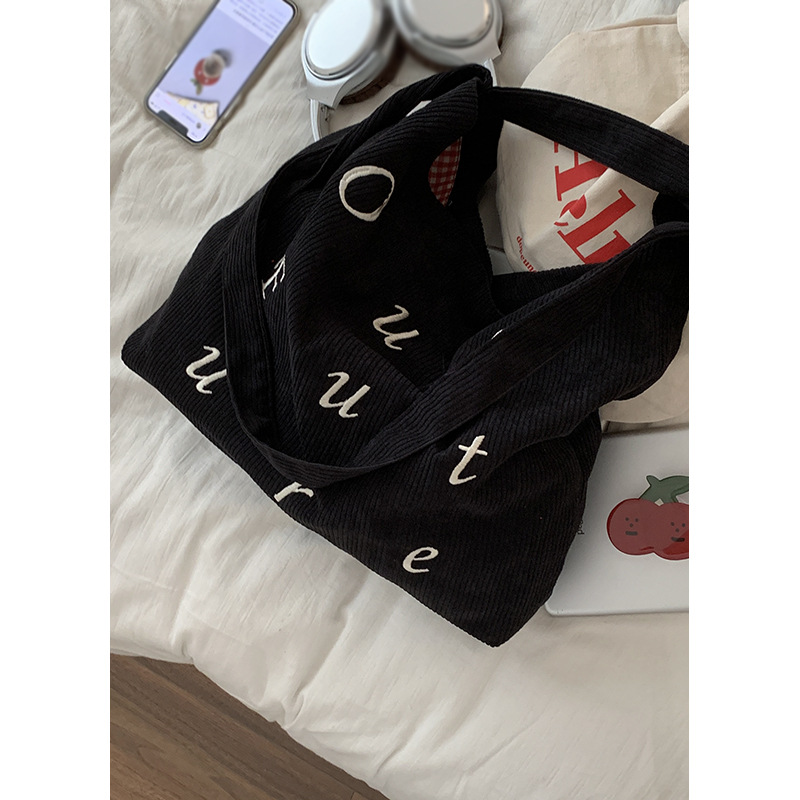 Korean version embroidered letter corduroy large bag for girls 2024 New tote bag for Students to attend classes Large-capacity crossbody bag