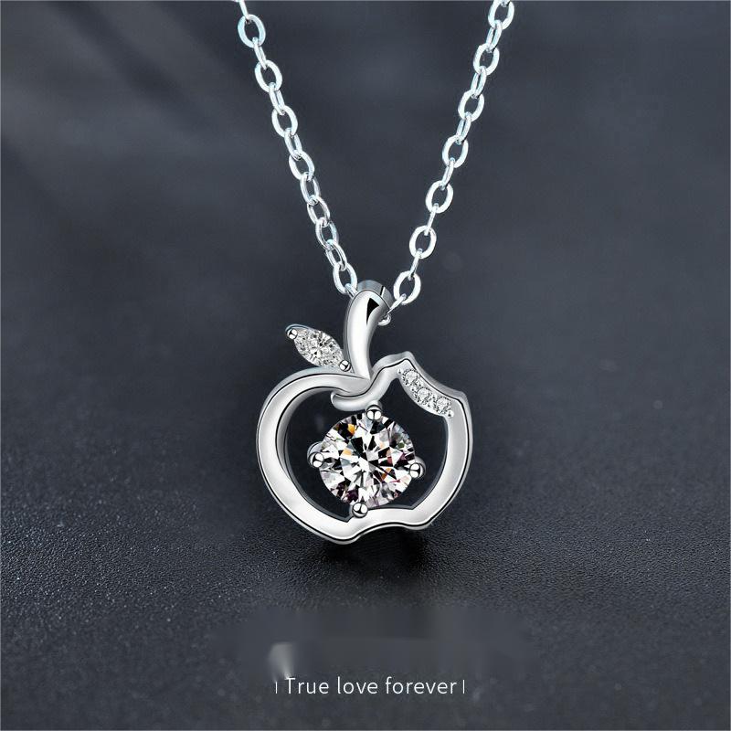 925 Sterling Silver Apple Pendant Necklace for Women | Moissanite Clavicle Chain | Peace Christmas Eve Gift with Sparkle Stone