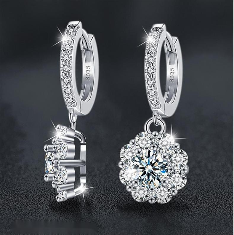 925 Sterling Silver Sunflower Moissanite Earrings - Classic 4-Prong Setting, Dazzling 3EX Cut, Rhodium Plated, Hypoallergenic, Gift for Her