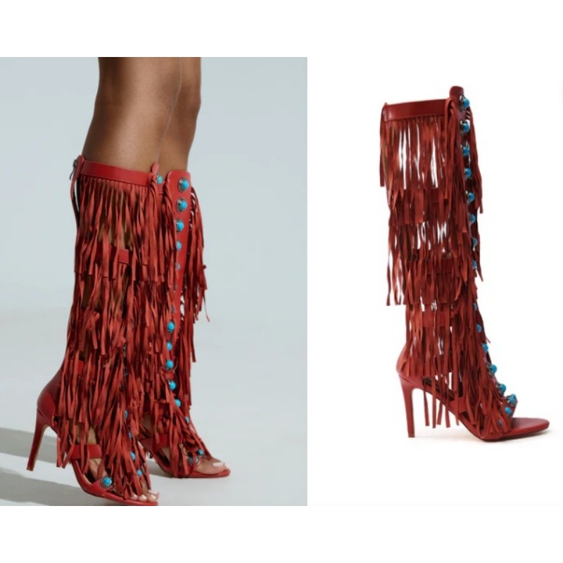 Sandals Fringe Cross-tied Stilettos Round Toe Buckle Decor Back Straps Lace-up Thin High Heels 2025 Women Fashion Shoes Bohemian