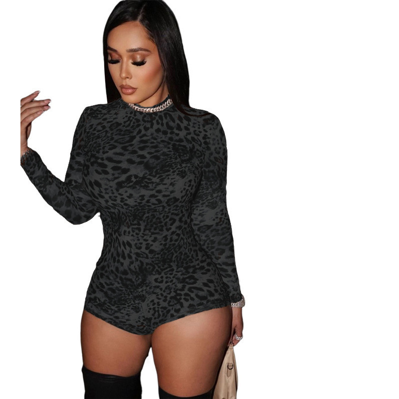 Womens Jumpsuits Fashionable And Sexy Round Neck Long Sleeved Leopard Print Tight Fit Rompers 3 Colors