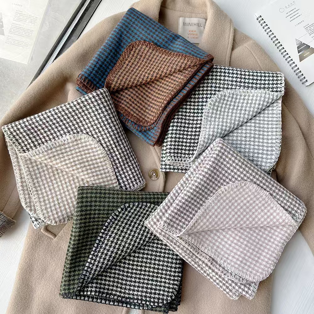 T640 double-sided houndstooth scarf female winter simple couple neck scarf hand-locked soft waxy thick shawl scarf