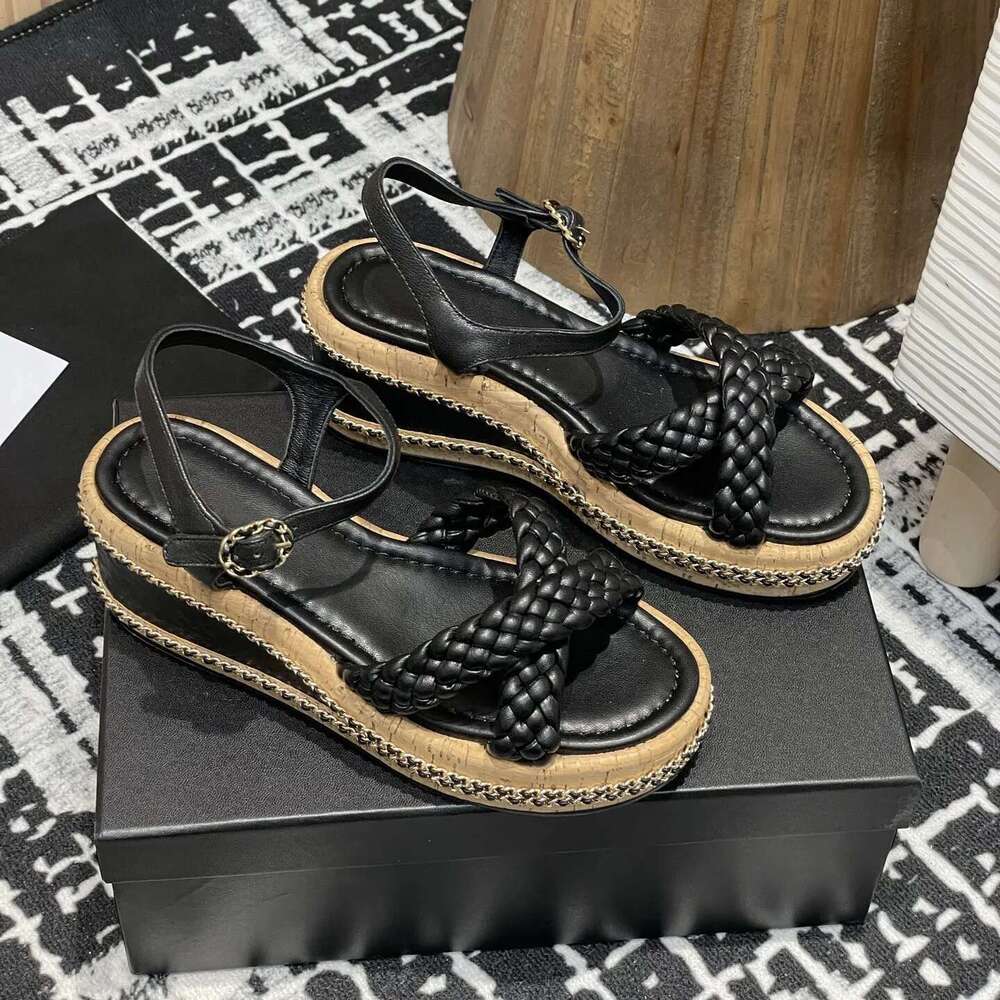luxury Spring Summer Casual High Heels Solid Color Round Toe Shoes For Women Ankle Buckle Genuien Leather Sandals Size 35-41 New