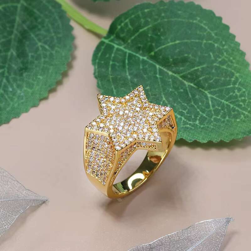 Custom Made Jewellery High End Luxury 14K Real Yellow Gold Iced Out Moissanite Hip Hop Star Ring for Men Wedding Engagement