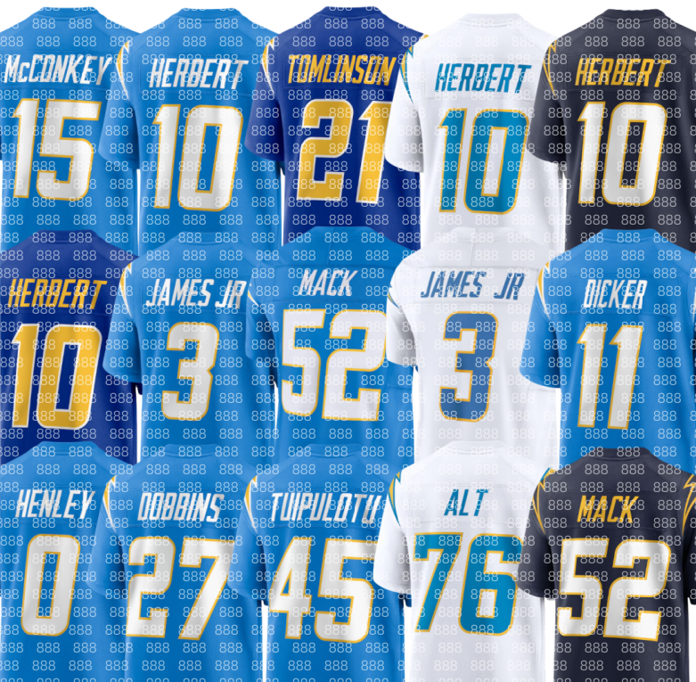 Chargers LaDainian Tomlinson Junior Seau Justin Herbert Ladd McConkey Derwin James Jr. Najee Harris Joe Alt Khalil Mack Cameron Dicker Daiyan Henley Football Jersey
