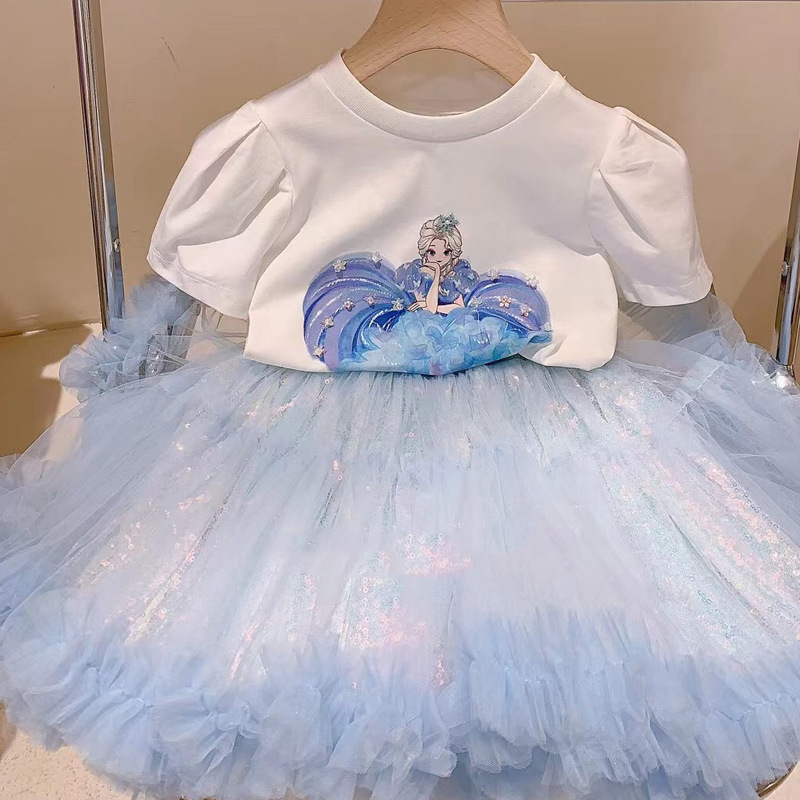 DISNEY Elsa princess kids designer clothes Girls summer outfit children's short-sleeved t-shirt two-piece set baby half-skirt.