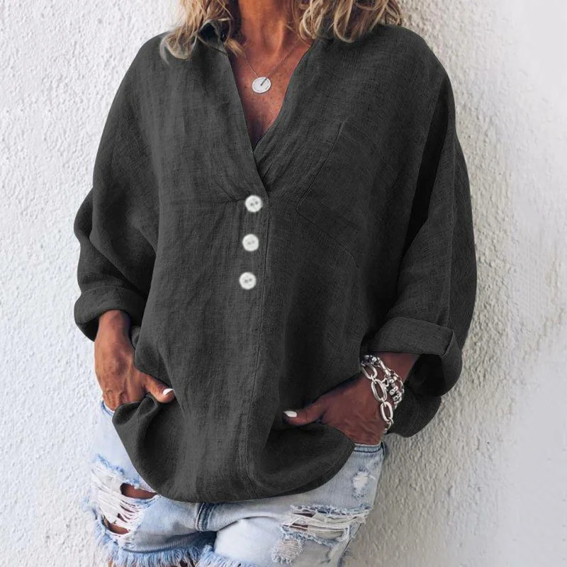Simple Style Single Pockets Shirt Women V Neck Button Decoration Pullover Blouse Female Solid Color Cotton Linen Loose Tops 250513