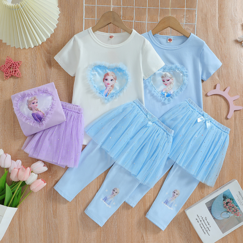 DISNEY Frozen Elsa princess girls designer clothes Girls short-sleeved suit thin long pants suit children's sports casual wear spring and summer 