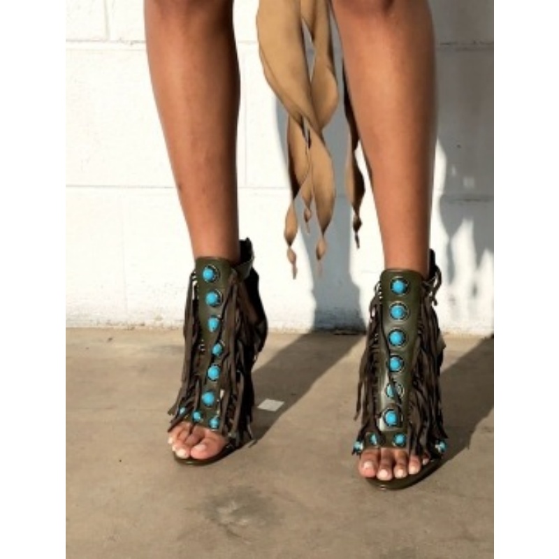 Sandals Fringe Cross-tied Stilettos Round Toe Buckle Decor Back Straps Lace-up Thin High Heels 2025 Women Fashion Shoes Bohemian