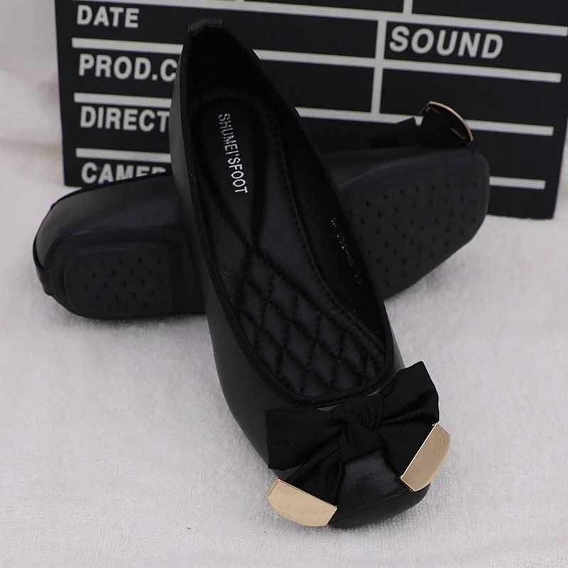 Spring/Summer Womens Ballet Flat Bottom Sweet Bow Knot Lace Brand Shoes Plus Size 41 Black Gold D069 M250506
