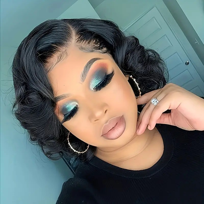 lace Front wig black slightly parted short curly hair high temperature silk fluffy synthetic fiber big wave curly hair headband