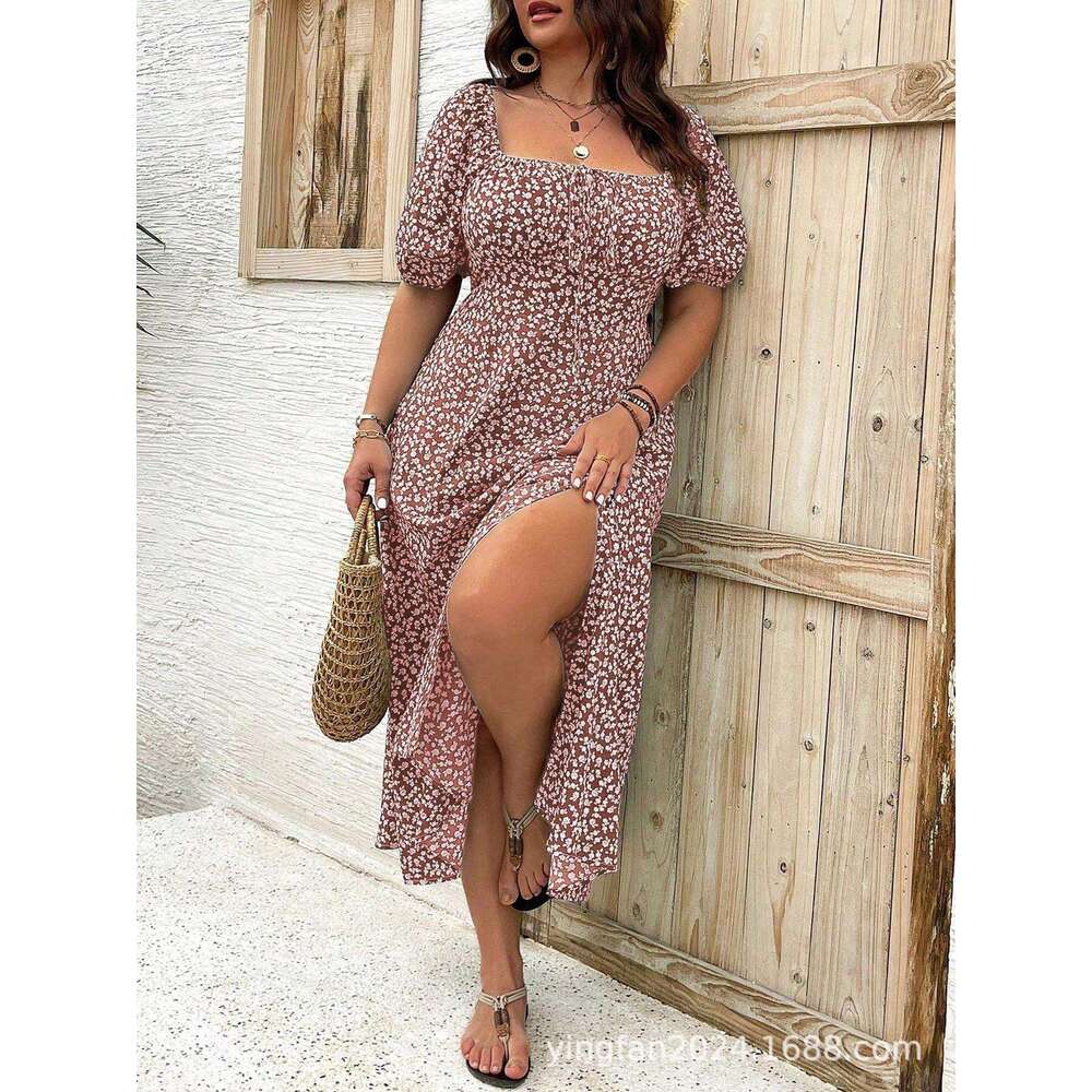 DHEssentials Summer Floral Dress for Plus-Size Wome Casual Temperament Slimming Split Design