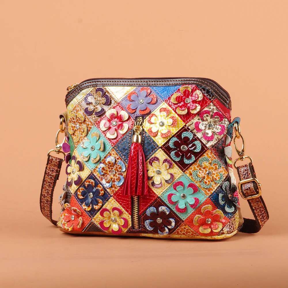 Multi-color snake pattern splicing tassel genuine leather cowhide shoulder personalized casual women's small bag
