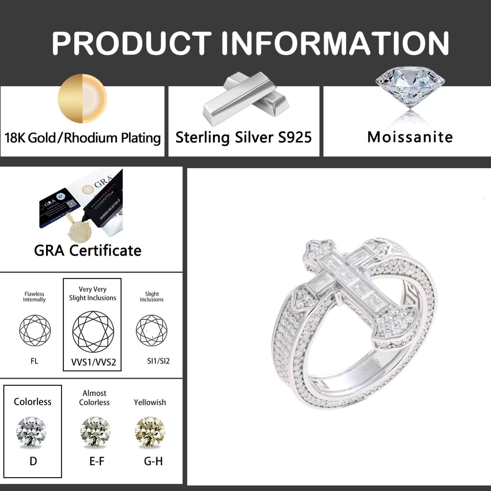 Fashion Moissanite Ring 925 Sterling Silver Baguette Diamond Cross Ring Sparkling Hip Hop Rappers Cross Jewelry Ring for Man