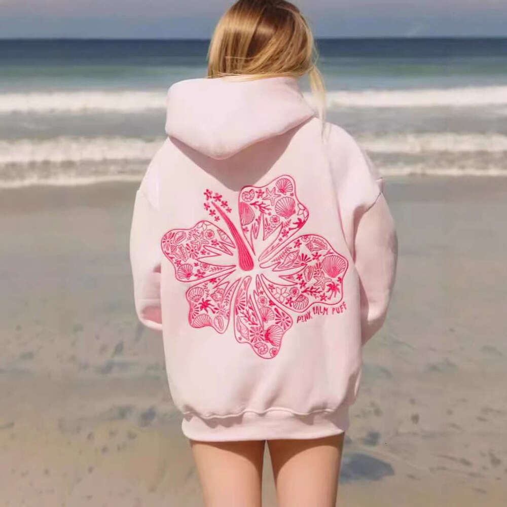 Women's Wear Hawaii Hibiscus Ins Women's Off Shoulder Sleeves Threaded Hoodie Print