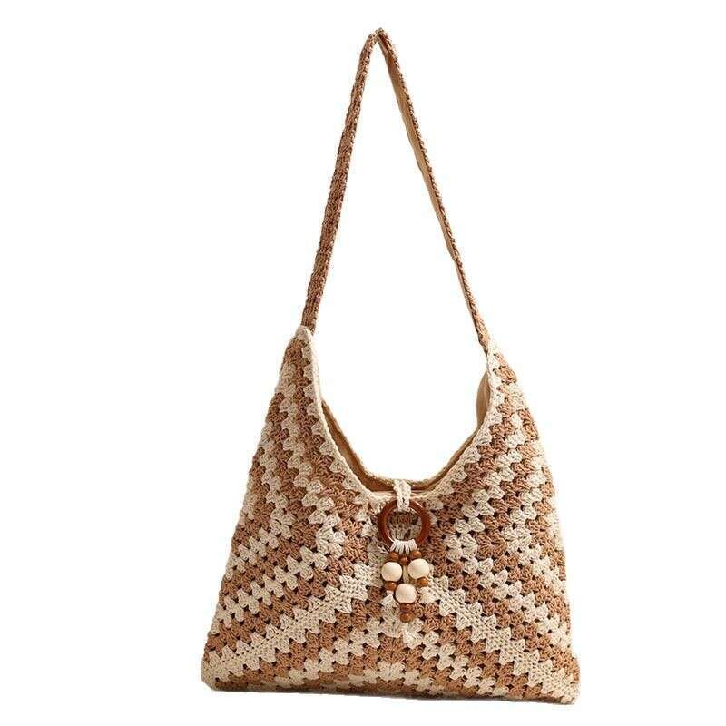 Summer Woven Bag Beach Bag Ethnic Single Shoulder Cotton Thread New Color Grandmother Grid Grass Woven Vacation Style Beach Bag Versatile Women S Bag 