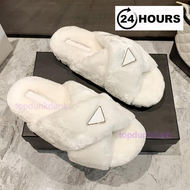Fashion Womens Slippers Shearling Criss-cross Designer Sandals Fur Slides Black White Luxury Rubber Comfortable Fluffy Furry Womens Shoes Size 35-40