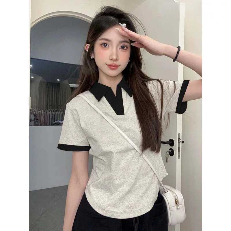 Streetwear fashion contrast color V-neck short sleeved polo shirt womens casual slim fit cotton polo shirt y2k top women M250506