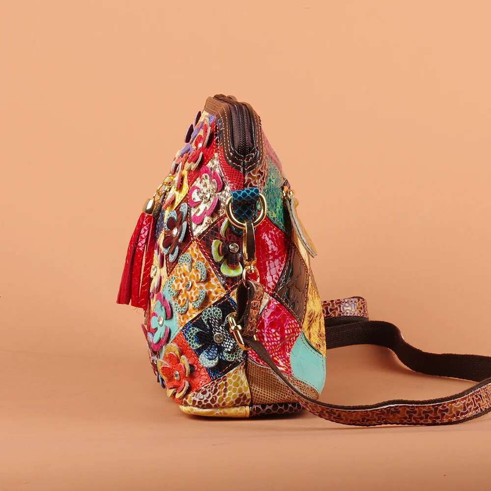 Multi-color snake pattern splicing tassel genuine leather cowhide shoulder personalized casual women's small bag