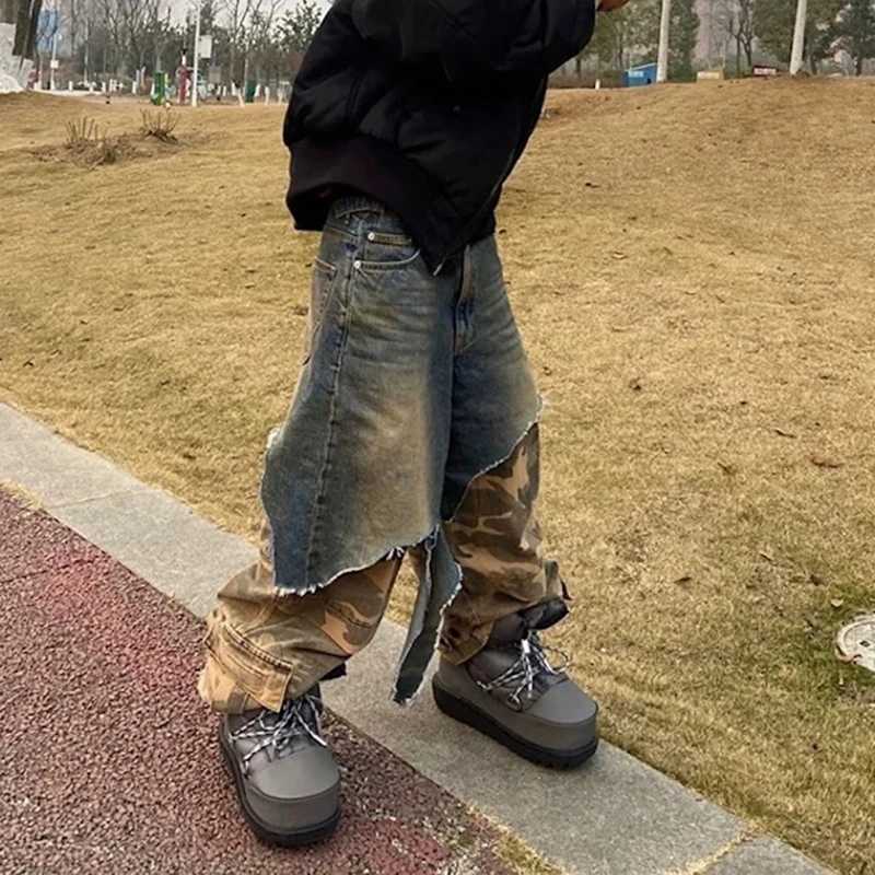 Vintage Ripped Fake Two Pieces Patchwork Camouflage Cargo Pants for Men Distressed Baggy Jeans Wide Leg Loose Denim Trousers W250506