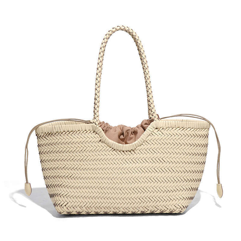 Dragon Handmade Cowhide Woven Women's Summer French Style Niche Vegetable Basket Bag, Leather Handbag, Single Shoulder Tote Bag