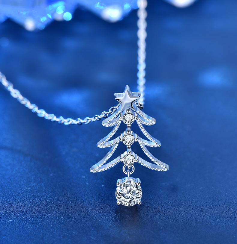 925 Sterling Silver Christmas Tree Pendant Necklace with Moissanite | Holiday Gift Jewelry for Women | Delicate Star Design