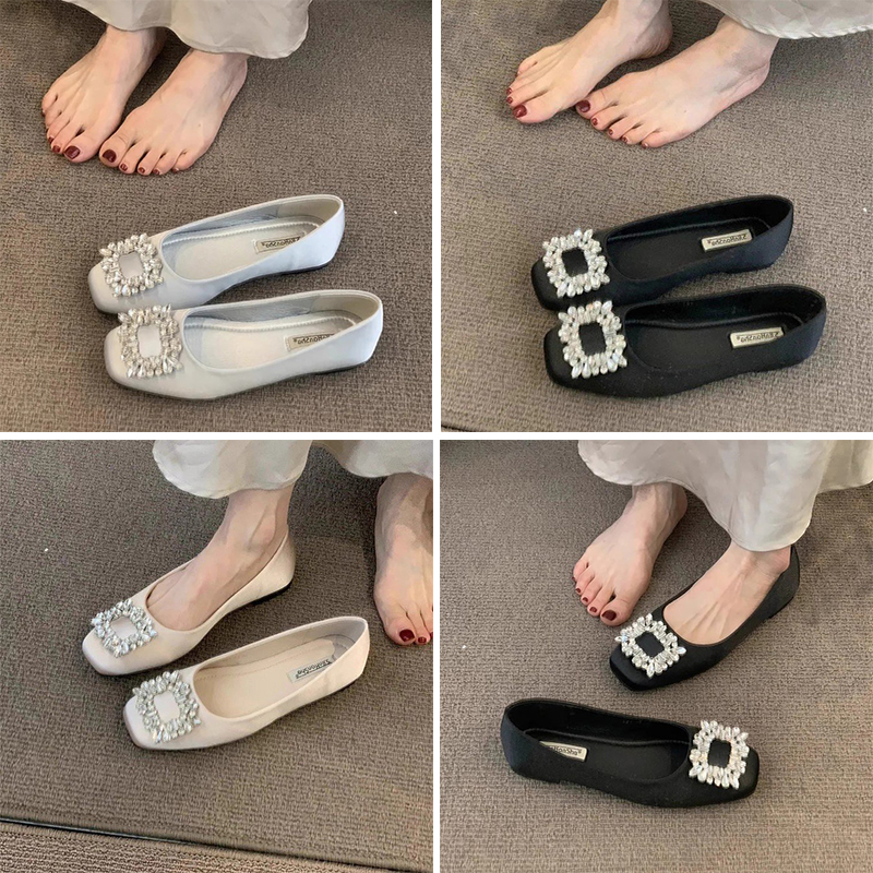 Free Shipping Designer Heels Women Fashion Loafers Womens Shallow Mouth Glitter Rhinestone Luxury Flats Low-heel Satin Face Sandal Elegant Black Women