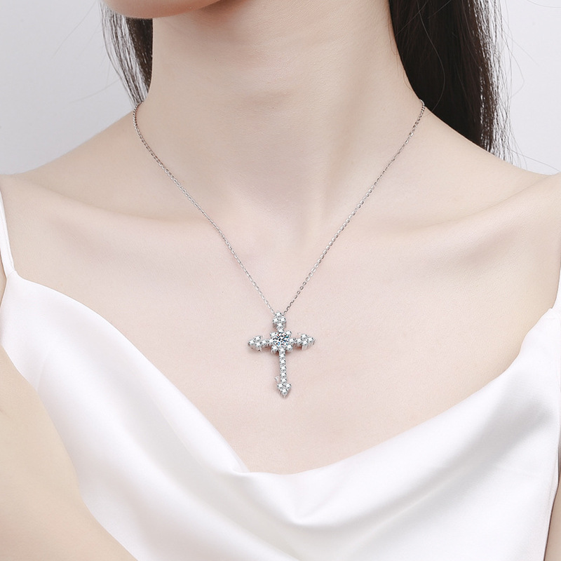 Luxury Statement Piece: Genuine Sterling Silver Moissanite Cross Neckpiece Adorned with Sparkling Stones