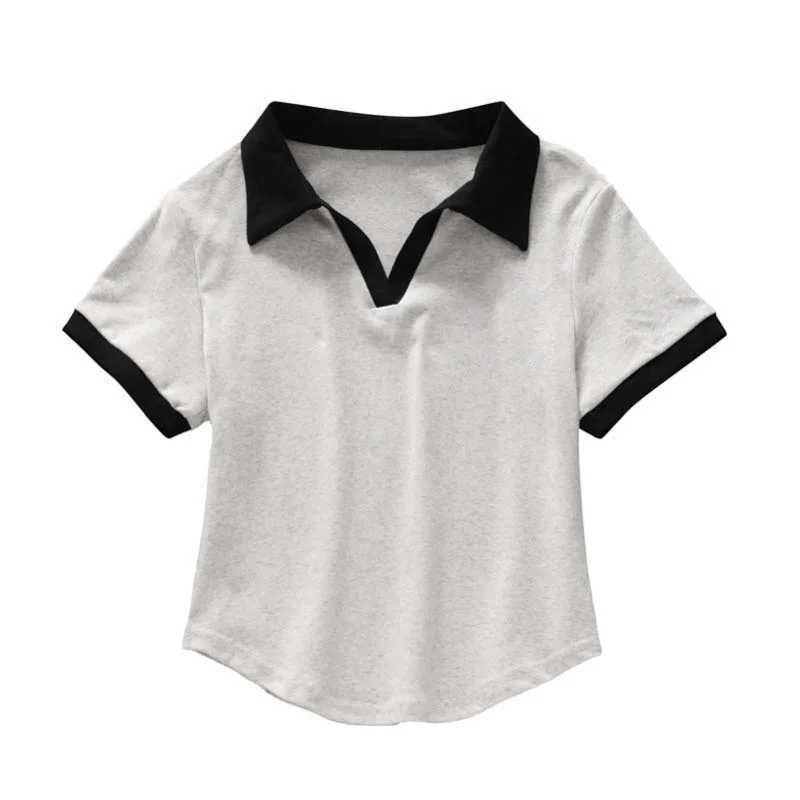 Streetwear fashion contrast color V-neck short sleeved polo shirt womens casual slim fit cotton polo shirt y2k top women M250506