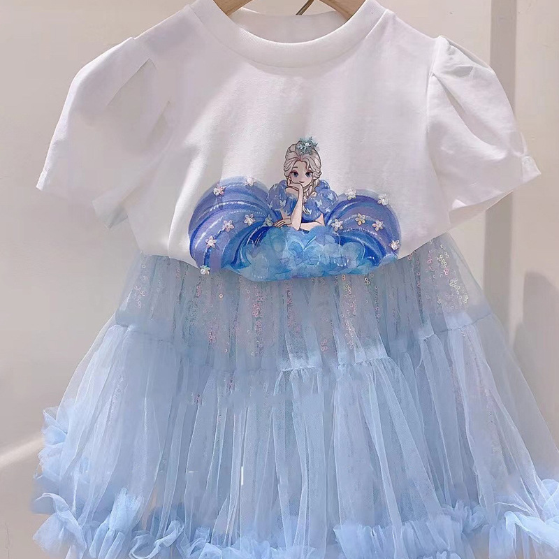 DISNEY Elsa princess kids designer clothes Girls summer outfit children's short-sleeved t-shirt two-piece set baby half-skirt.