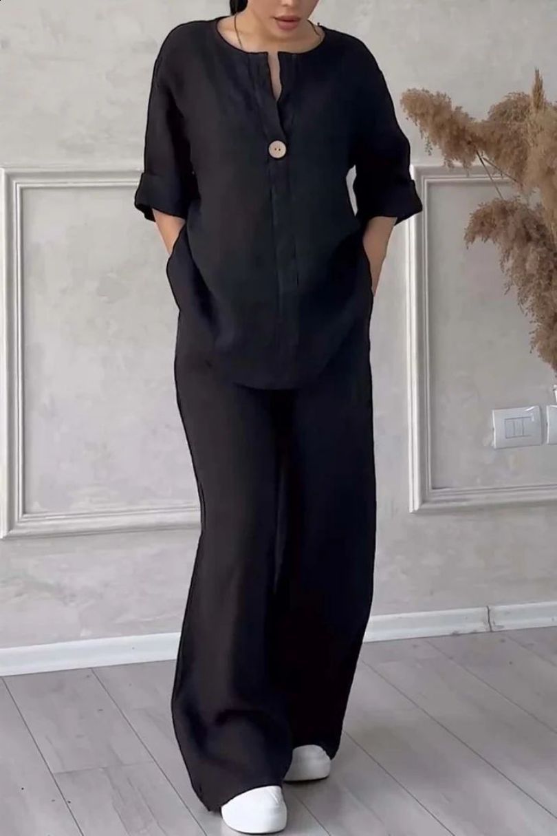 2025 summer V-neck long sleeved pants multi colored cotton and linen womens suit240830