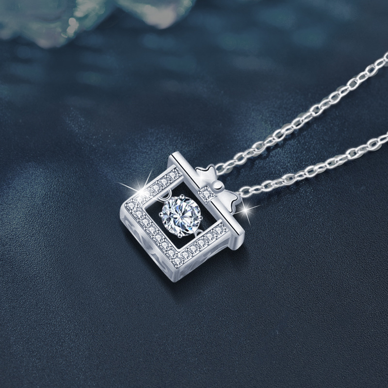 925 Sterling Silver Moissanite Gift Box Pendant Necklace | Elegant Bow Design Crystal Jewelry for Women Holiday Present