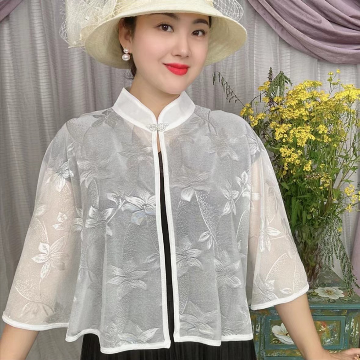 K630 Summer new hollow cheongsam shawl women's outer wear Western-style all-match skirt suspender skirt outer wear sun protection stand collar ca