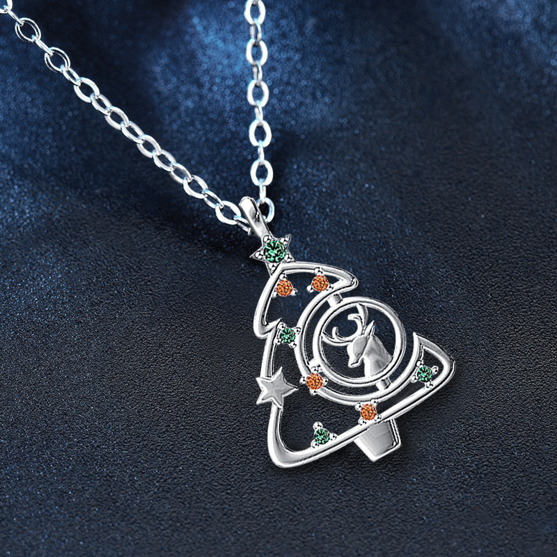 925 Sterling Silver Christmas Tree Necklace with Reindeer Pendant, Colorful Cubic Zirconia, Festive Jewelry Gift for Her