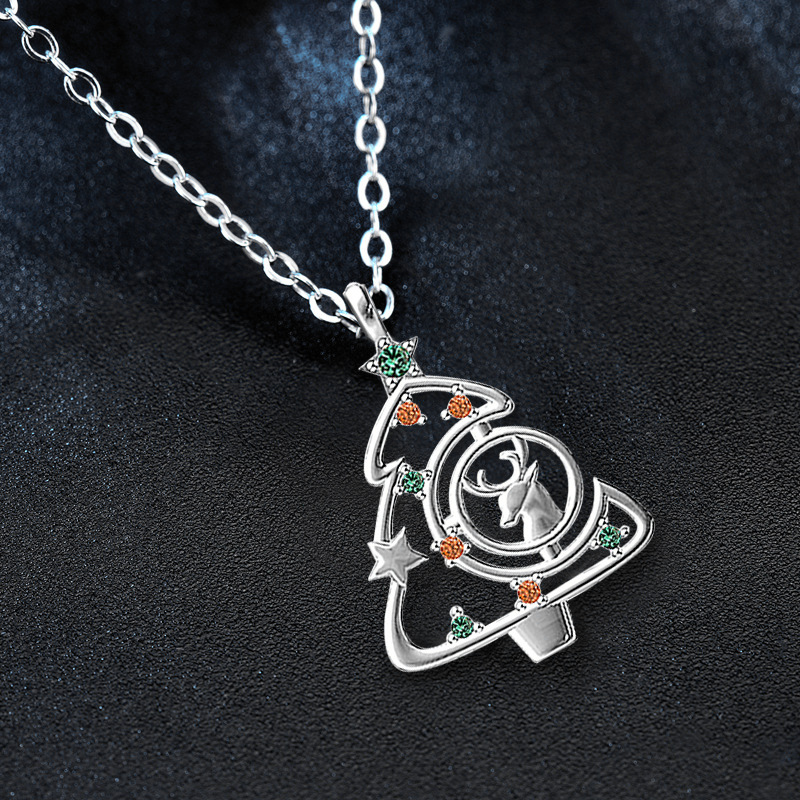 925 Sterling Silver Christmas Tree Necklace with Reindeer Pendant, Colorful Cubic Zirconia, Festive Jewelry Gift for Her