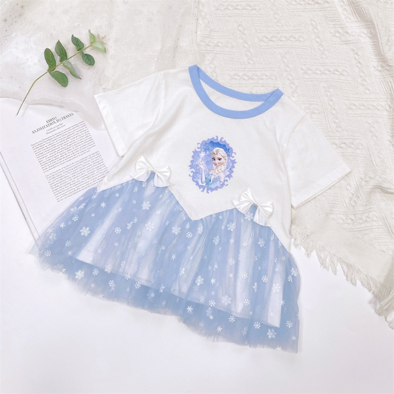 DISNEY Frozen Elsa princess kids designer clothes Summer sheer set for girl baby girl pure cotton short-sleeved two-piece set.