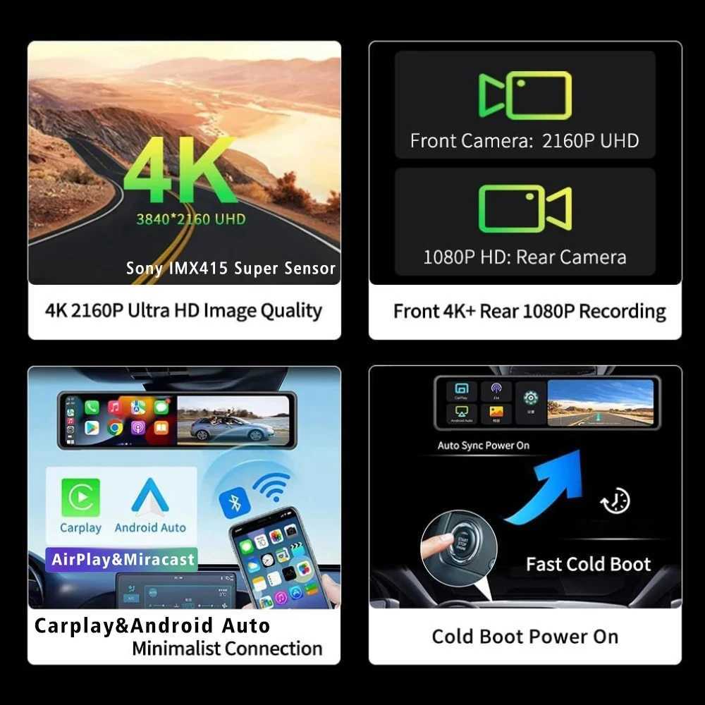 car dvr 11.26 4K 2160P Car Dvr Carplay Android Automatic Driving Recorder GPS WIFI BT FM Stream Rear View Mirror Driving Recorder R250506