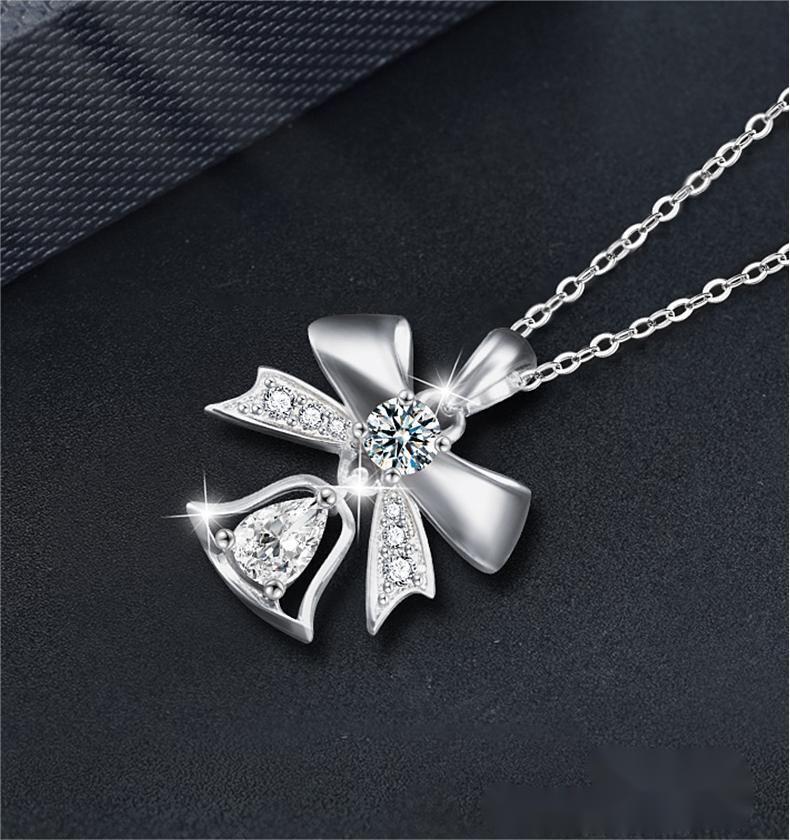 S925 Silver Moissanite Bell Pendant Necklace | Christmas Bow Design | Minimalist Collarbone Chain Jewelry for Women Winter Gift