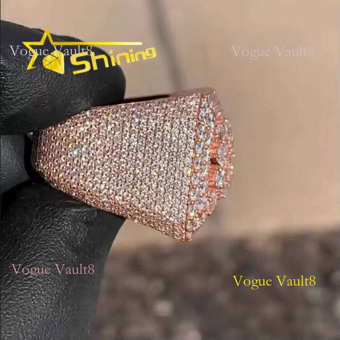 Hip Hop Sterling Sier Rose Gold Plated Iced Out Fancy Cut Buss Down Thick VVS Moissanite Dia Ring Men