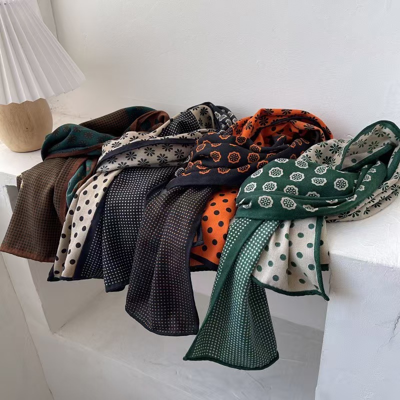 T633 new woolen plaid scarf for women, high-end and versatile polka dot shawl, dual-use long neck scarf