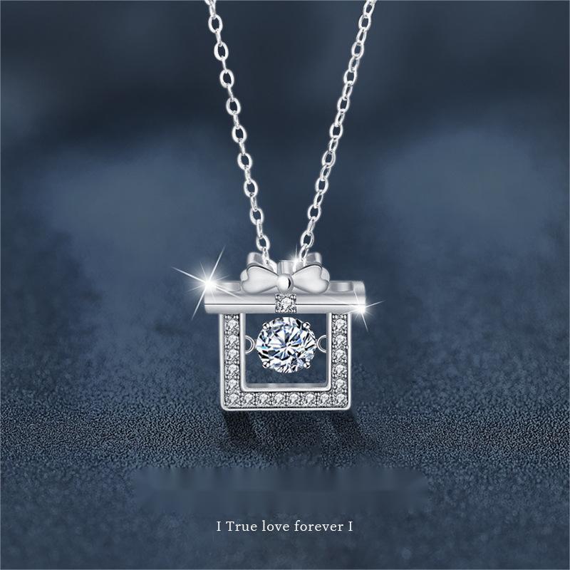 925 Sterling Silver Moissanite Gift Box Pendant Necklace | Elegant Bow Design Crystal Jewelry for Women Holiday Present