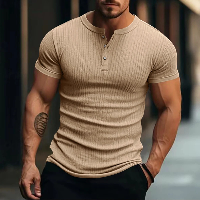 Mens Stylish Stripe Knit T-shirt -Fashionable Henley Neck Short Sleeves Soft Breathable - Perfect Comfy Tops for Leisurewear 250513