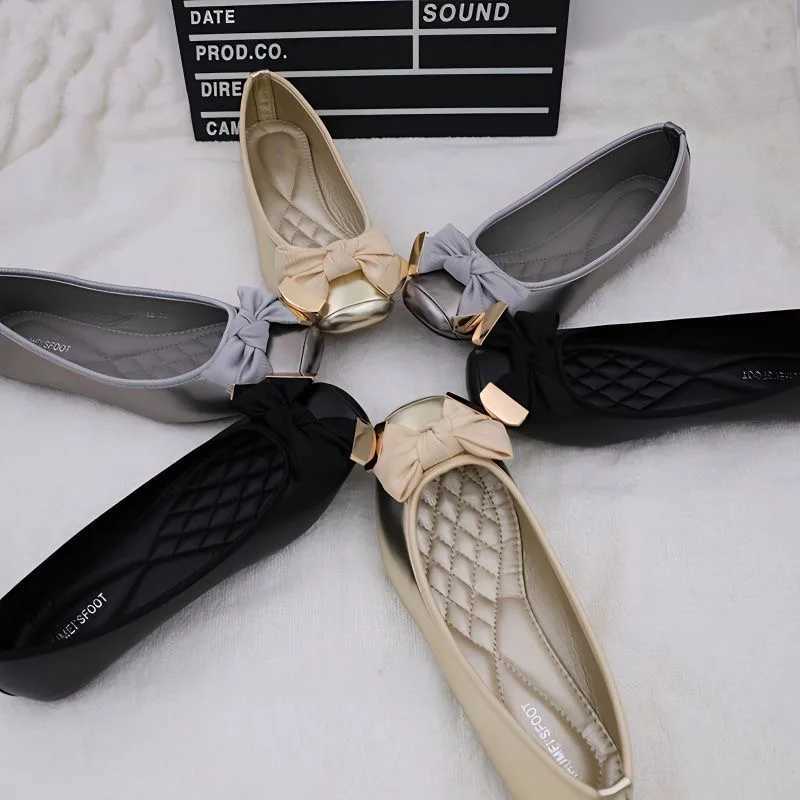 Spring/Summer Womens Ballet Flat Bottom Sweet Bow Knot Lace Brand Shoes Plus Size 41 Black Gold D069 M250506
