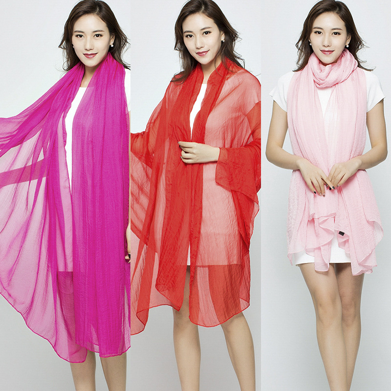 K636 Summer solid color imitation silk oversized silk scarf seaside beach towel long spring and summer women's chiffon scarf pleated shawl